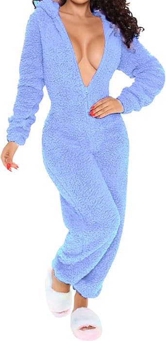 Womens Warm Fuzzy Hooded Romper Pant Playsuit Jumpsuit