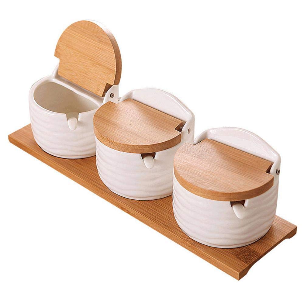 Lot de pots à épices en céramique avec couvercles et cuillères en bambou, pots d'assaisonnement en porcelaine pour le rangement de la cuisine, parfaits pour le sel et les épices
