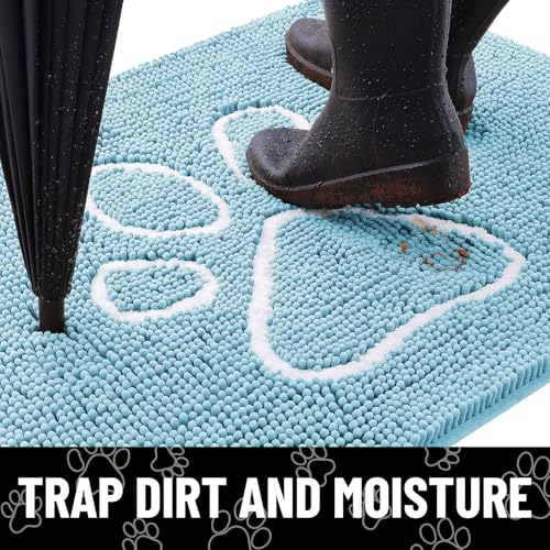 Image of Smiry Dog Door Mat for Muddy Paws, Absorbent Dirt Trapper Non Slip Quick Dry Washable Chenille Mat for Mud Dogs, Entry Rug for Indoor and Outdoor (48x30 Inches, Sky Blue and White)