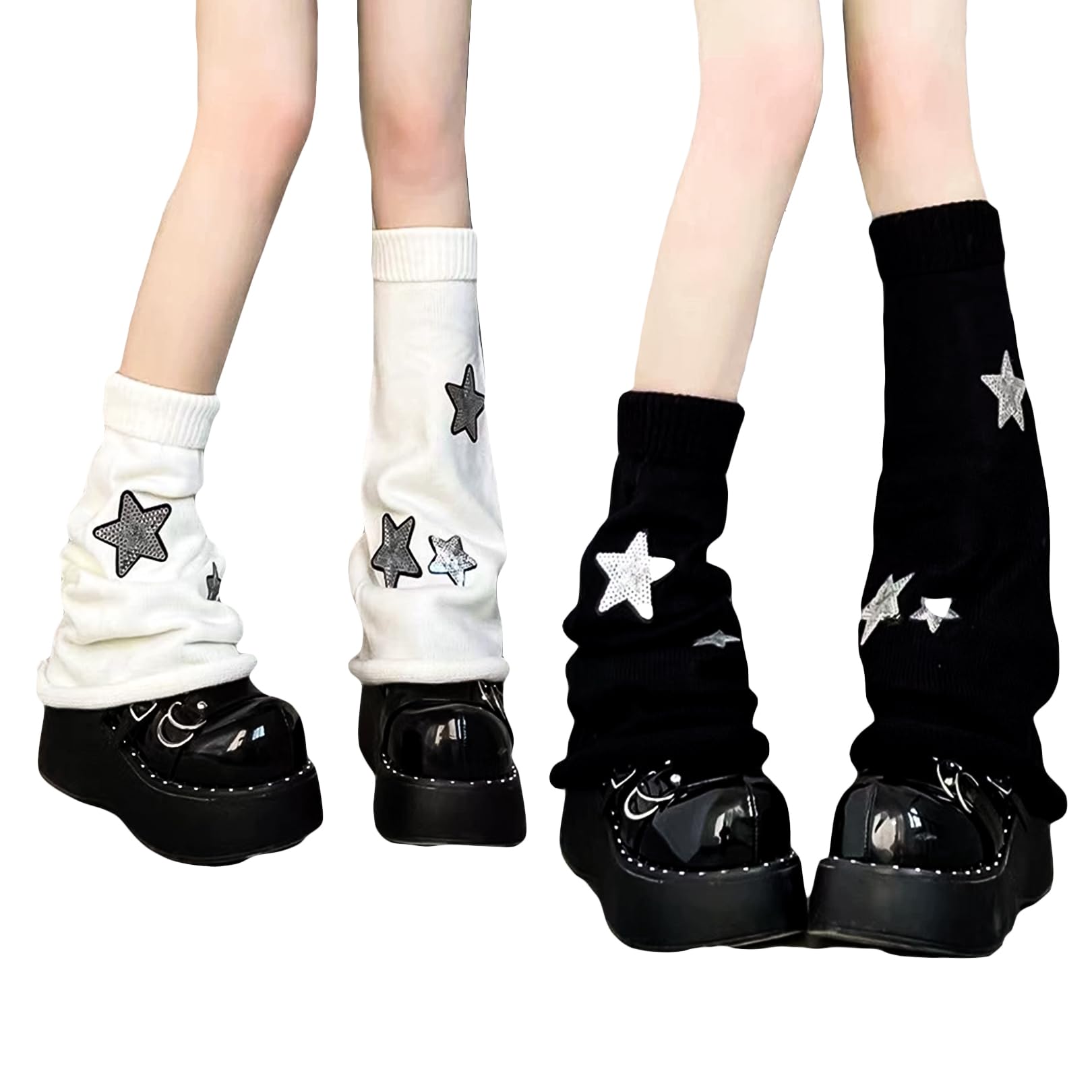2Pcs Black White Leg Warmers for Girls Cute Leg Warmers Y2k Harajuku Knit Star Legwarmer Accessories for Women