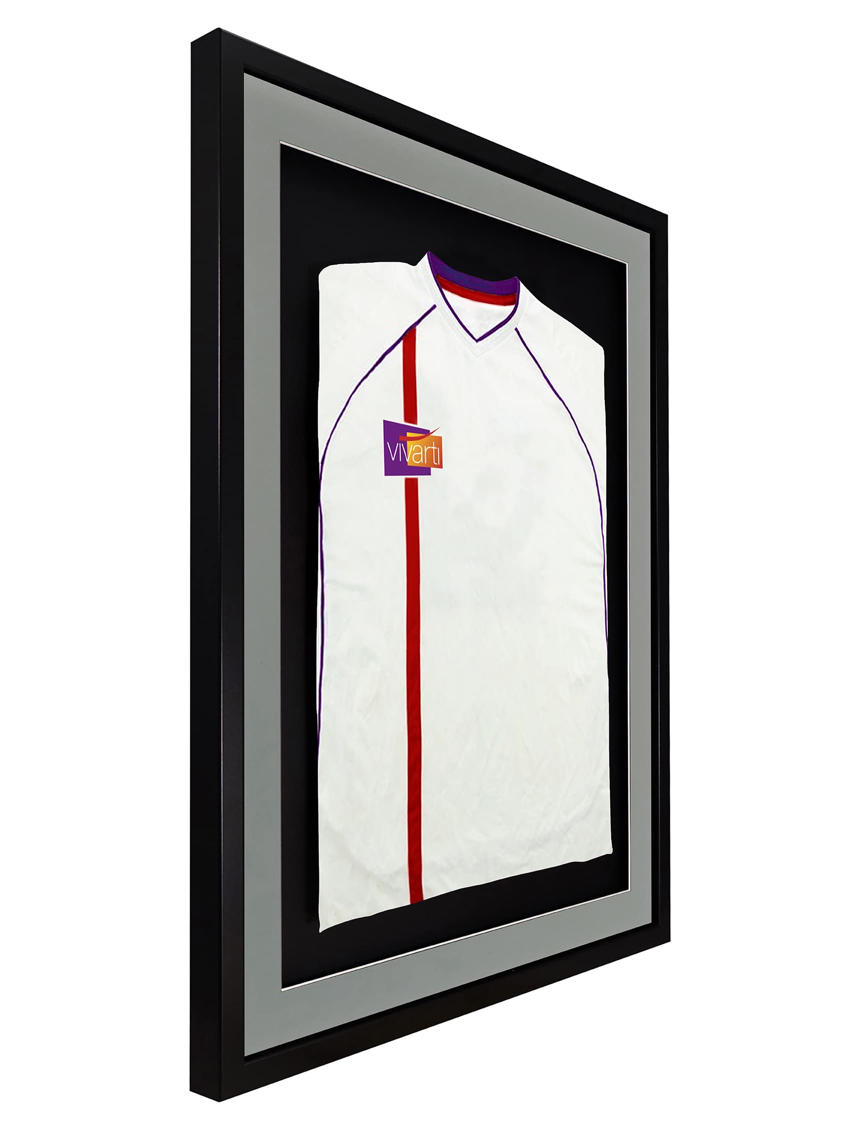 Vivarti Marco de exhibición de Camisa Deportiva montado en 3D para Camisa de fútbol, 60 x 80cm, Marco Negro, Soporte Plateado, Tarjeta Trasera Negra