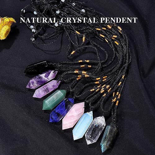 Image of Runyangshi Black Obsidian Healing Crystal Pendants, Double Pointed Natural Crystal Quartz Necklace 6 Faceted Chakra Crystal Wand Stone