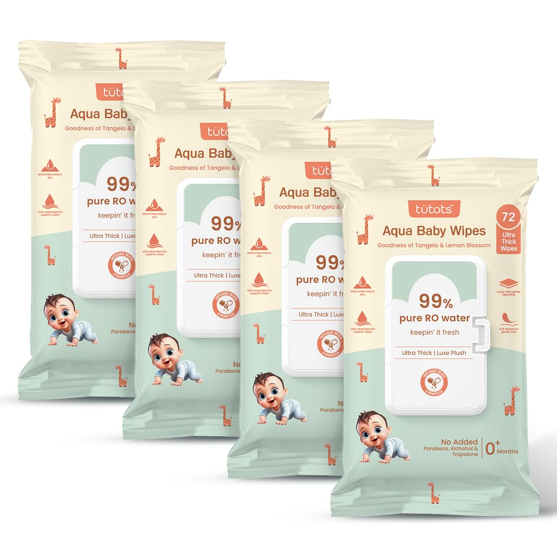 Tütots Ultra Thick Aqua Baby Wipes - 99% RO Water Infused with Lemon Blossom & Tangelo - Ideal Wipes for New Born Baby - Wet Wipes for Cleaning - Soft & Gentle Baby Wet Wipes (Pack of 4)-image-7