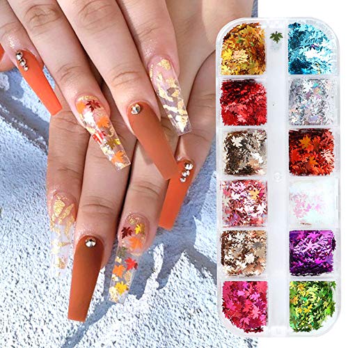 Fall Nail Art Glitter Decals Maple Leaf Nail Art Sticker Sequins Nails Supply Flakes Manicure Tips Accessories Confetti 12 Grids Autumn Maple Leaves Nail Design Glitter Set for Women Nail Art Decor
