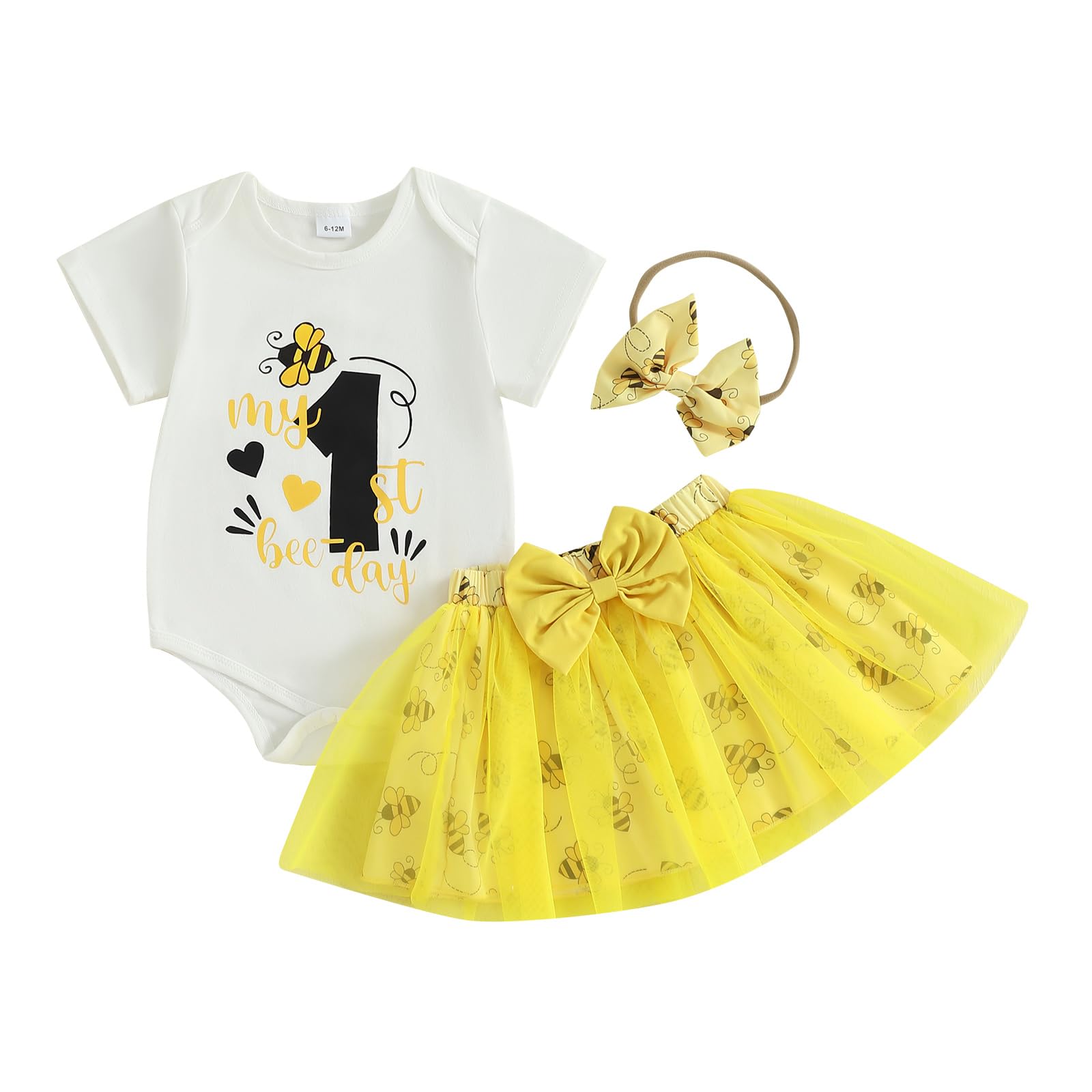 Baby Girl First Birthday Outfit Bee Goose Print One Romper+Tulle Tutu Skirt+Headband+Socks 4Pcs 1st Birthday Dress