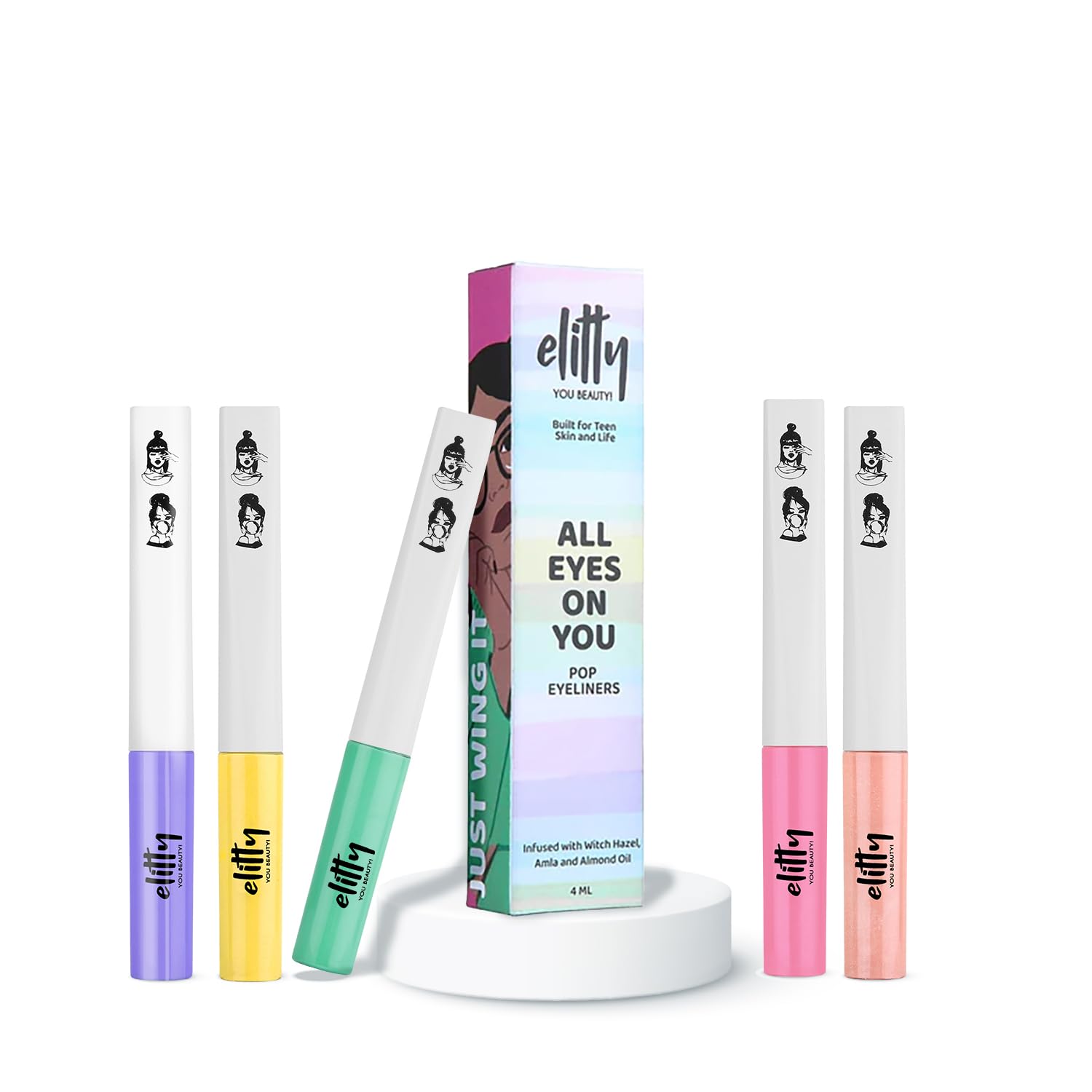 Elitty Anti - Hero Pop Colour Waterproof Liquid Eyeliner Combo (Pack of 5) | Matte Shades (Purple, Peach, Cyan Green, Pink, Yellow) | Lasts Upto 12 Hrs | 4 ML Each