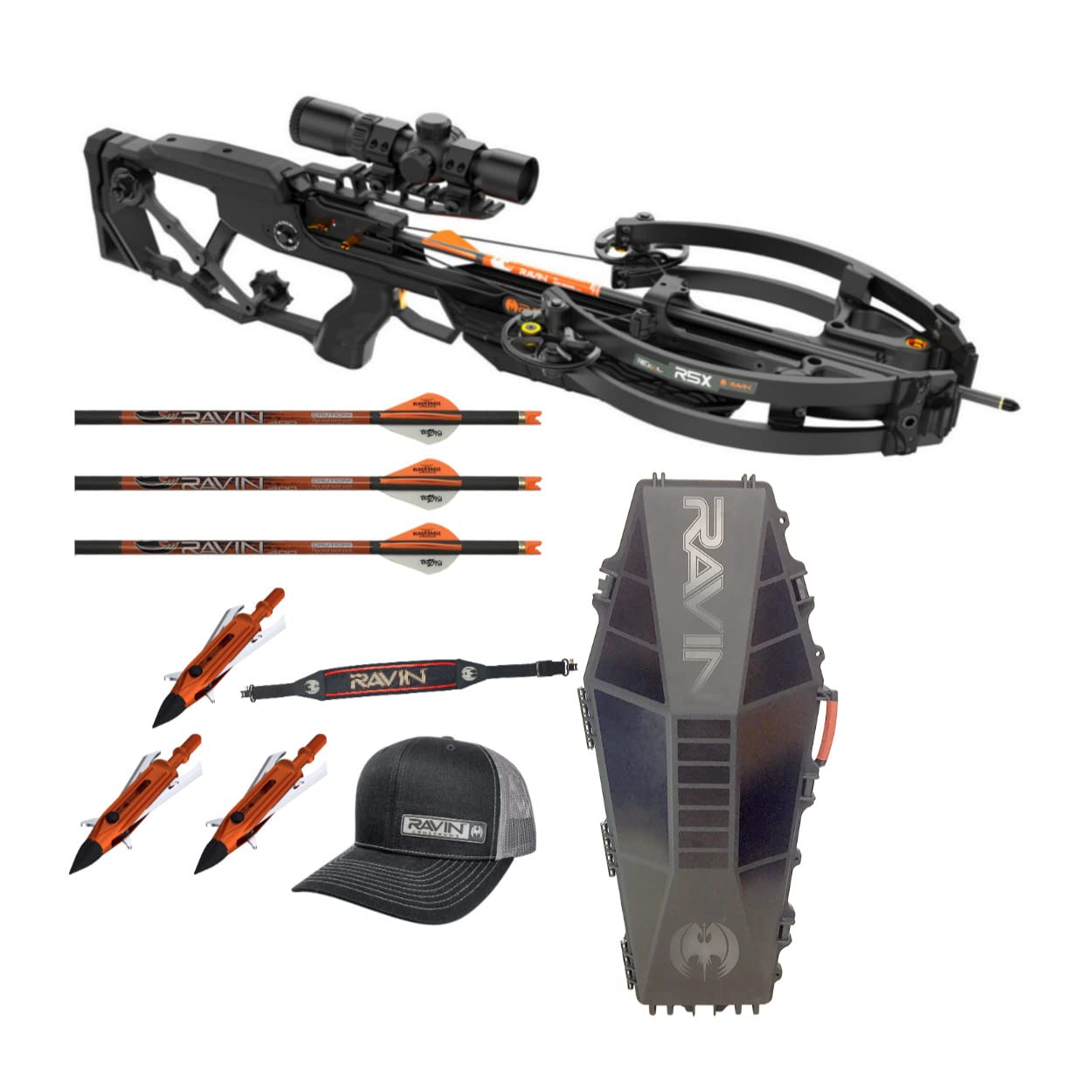 Ravin R5X Crossbow Bundle with Ravin Crossbows Hard Case, Ravin Crossbows Shoulder Sling, Ravin Crossbows Aluminum Broadheads (3-Pack) and Classic Kickback Trucker Snapback Hat (Black) (5 Items)