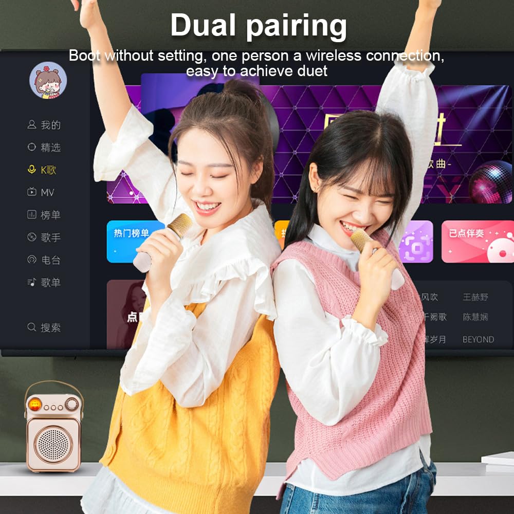 Hanzete - Mini macchina per karaoke, set con microfono e altoparlanti wireless, con 2 microfoni ricaricabili a LED, luce notturna colorata, altoparlante per karaoke, feste di compleanno, per il
