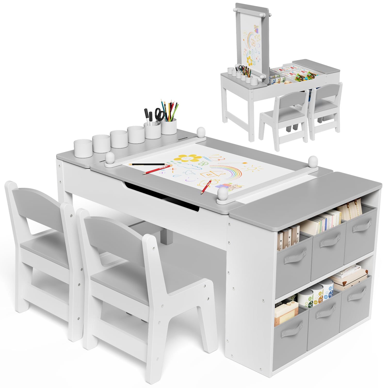 MAMIZO Mesa y Sillas Infantiles Madera con 2 Sillas, Mobiliario Infantil con Espacio de Almacenaje para Niños a Partir de 3 Años, Mesa de Pintura para Habitación Infantil, Sala de Juegos (Gris)