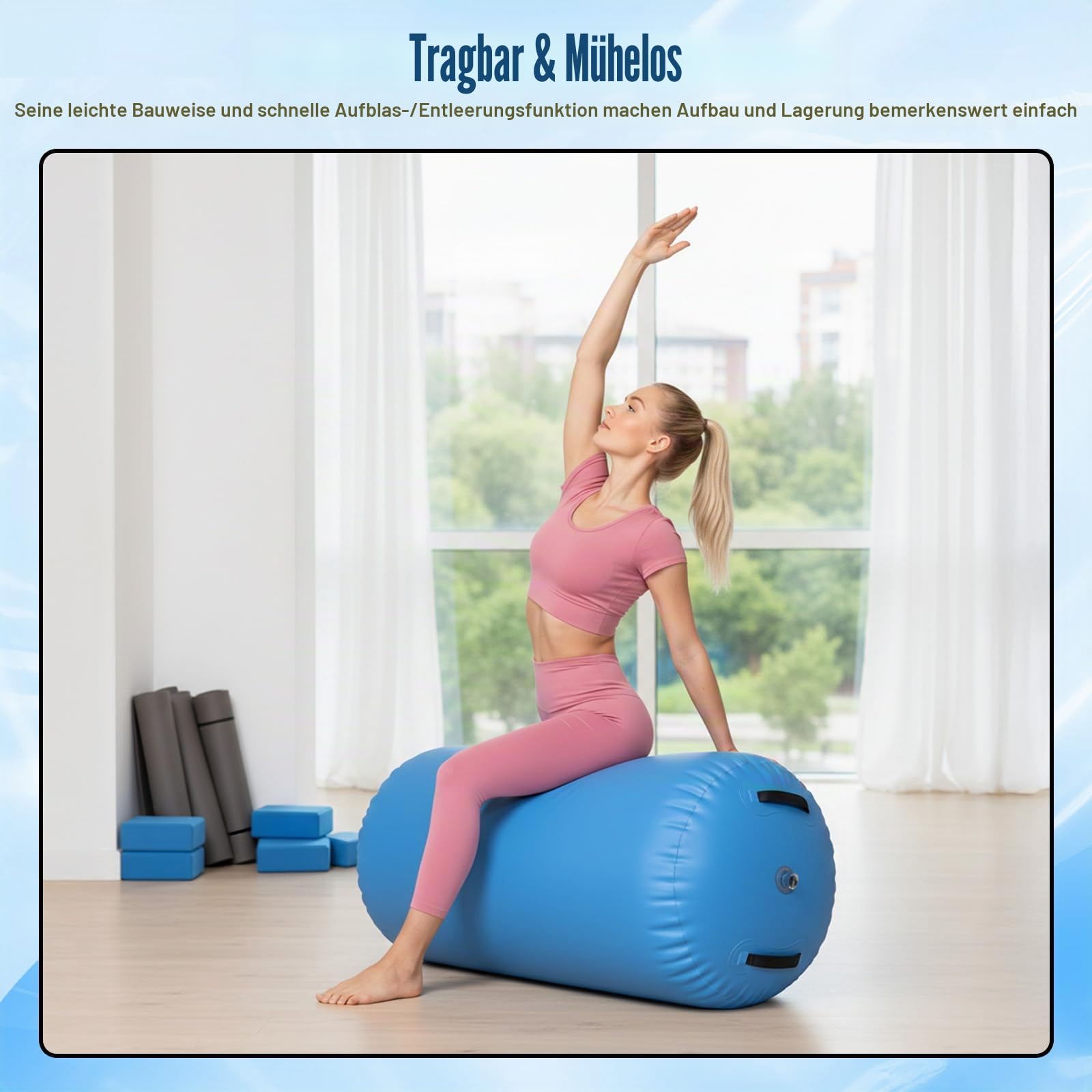 Air Rolle Turnen, Aufblasbare Barrel Gymnastik Rolle mit Pumpe, Gymnastik Yoga Turnmatte für Rückwärtsrolle & Flickflack, Airtrack Matte für Kinder & Erwachsene Indoor/Outdoor Wasserdicht
