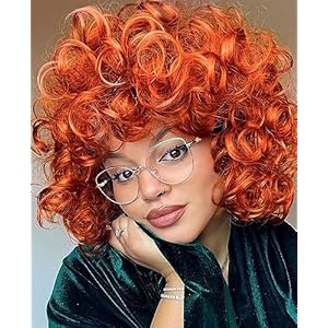 DZtineke 14 Inch Curly Wigs for Black Women Short Curly Wig with Bangs Big Loose Cute Kinky Curly Hair Synthetic Soft Wigs for Daily Party Cosplay (Orange)