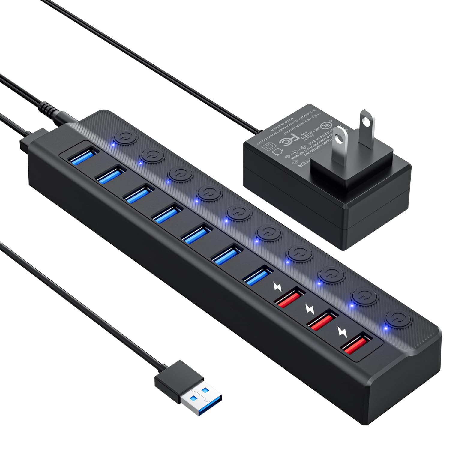 ONFINIO Hub USB alimenté par alimentation, hub répartiteur USB à 10 ports (7 ports de transfert de données plus rapides + 3 ports de charge intelligents) avec interrupteurs LED