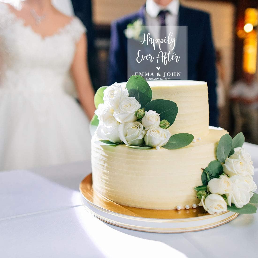 Andaz Press Happily Ever After Custom Names Custom Wedding Cake Topper, Acrylic Square Personalized Couple Cake Topper