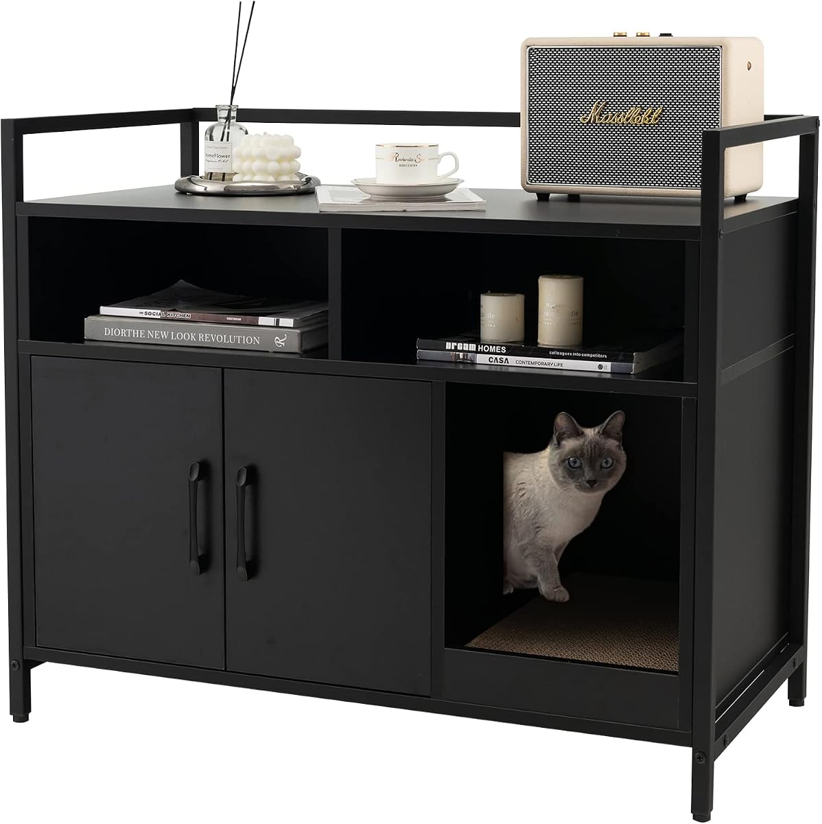 Giantex Cat Litter Box Enclosure - Cat Washroom Hidden Furniture with Front Entry, Scratcher, 2-Door Storage Cabinet, 2 Compartments, Air Vents, Metal Frame, Wooden Pet Crate House (Black)