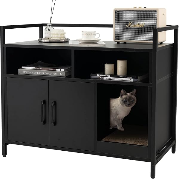 Giantex Cat Litter Box Enclosure - Cat Washroom Hidden Furniture with Front Entry, Scratcher, 2-Door Storage Cabinet, 2