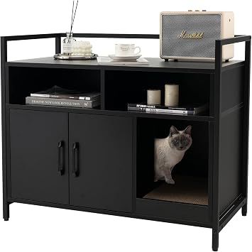 Giantex Cat Litter Box Enclosure - Cat Washroom Hidden Furniture with Front Entry, Scratcher, 2-Door Storage Cabinet, 2 Compartments, Air Vents, Metal Frame, Wooden Pet Crate House Black