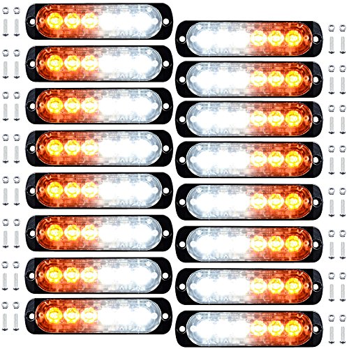 16pcs 6-LED White Amber Surface Mount Emergency Warning Beacon Flash Caution Construction Strobe Light Bar 16 Flashing Compatible with Car SUV Pickup Truck Trailer Van RV