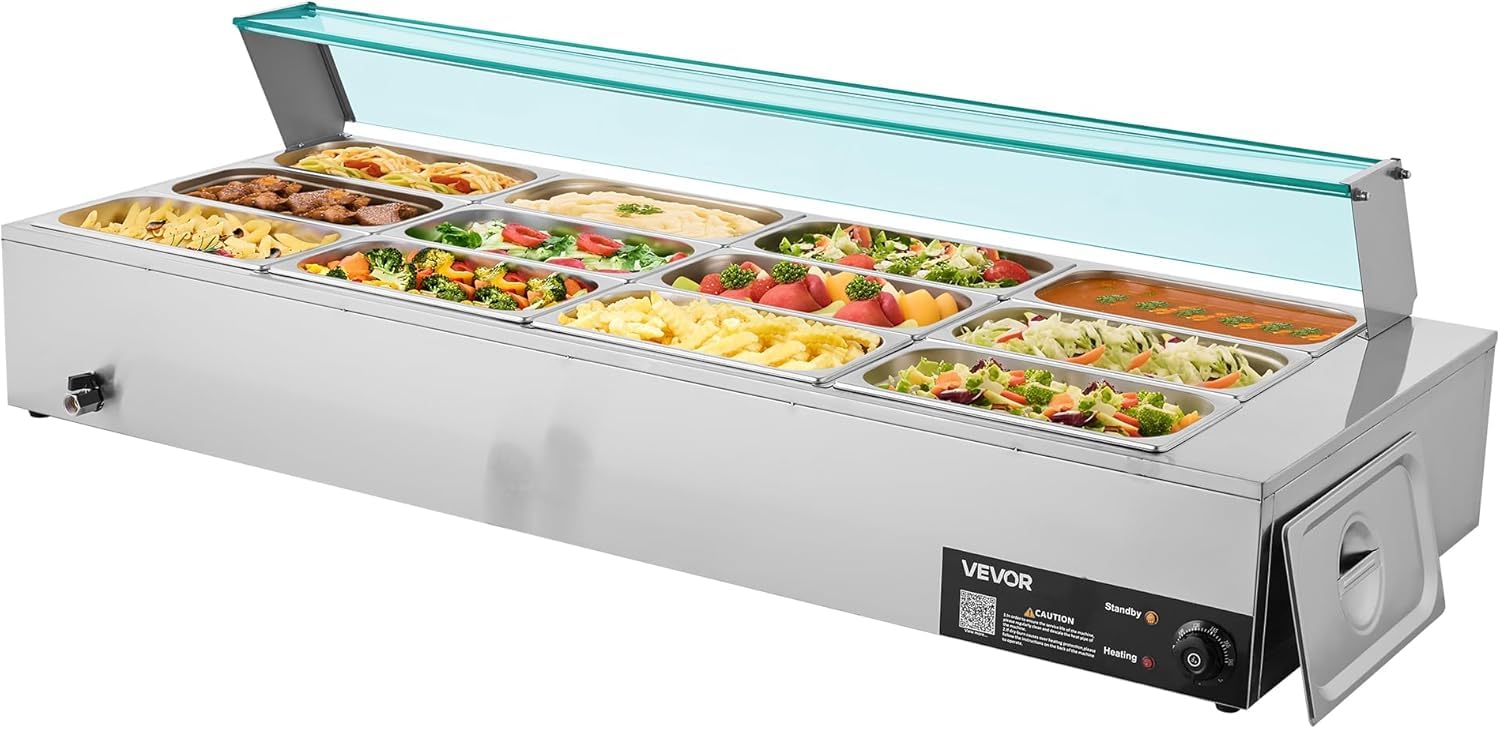 VEVOR Calentador de Alimentos 1700 W, Eléctrico, Acero Inoxidable, con Vapor y Tapa de Cristal, 12 Sartenes, para Buffet de Encimera, Baño María con Cucharones para Sopa y Perforados, 30–85 ℃