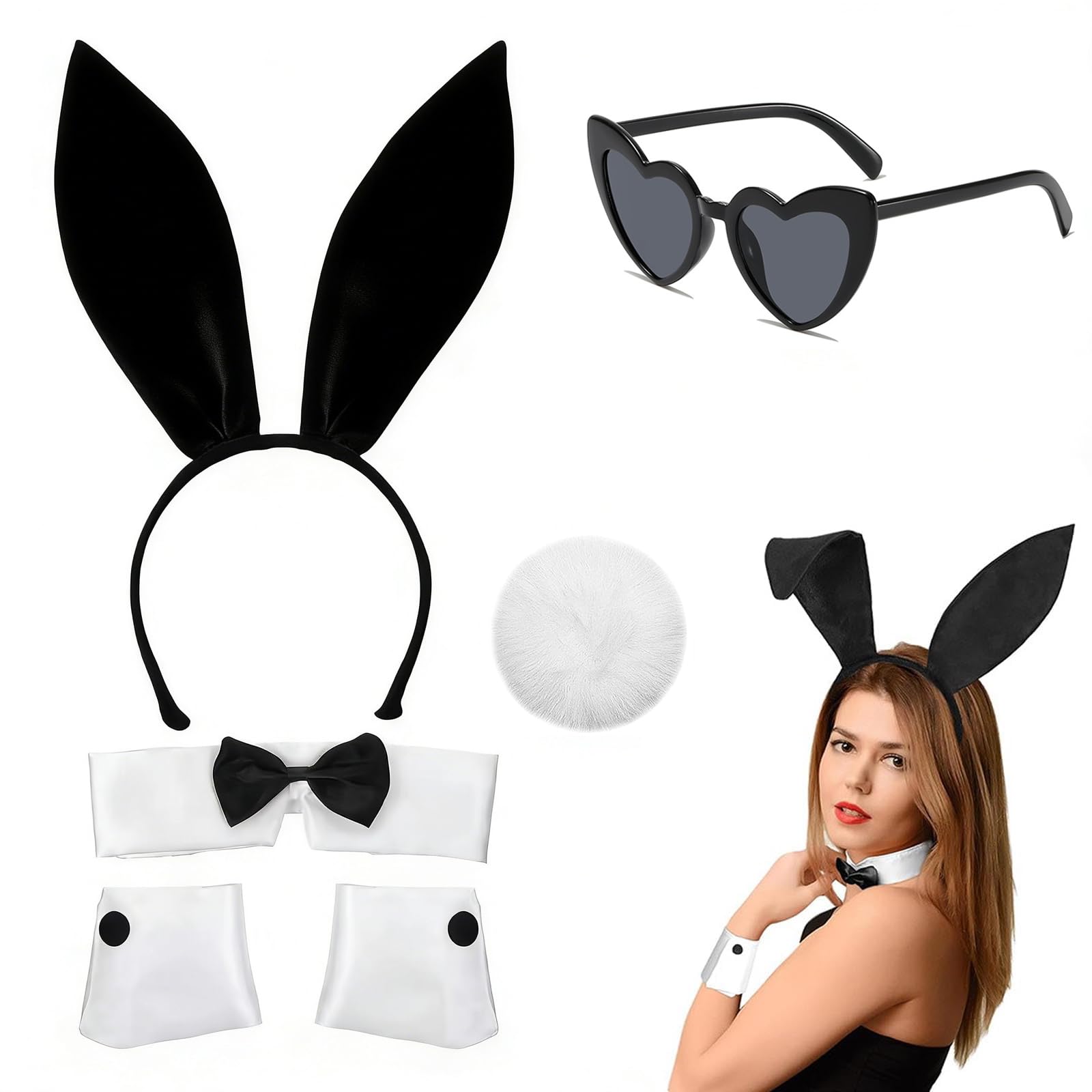 5-częściowy zestaw kostiumów króliczka dla kobiet, śliczny królik akcesoria do kostiumu królika Halloween ucha muszka rękawy okulary ogon, na Halloween imprezy cosplay
