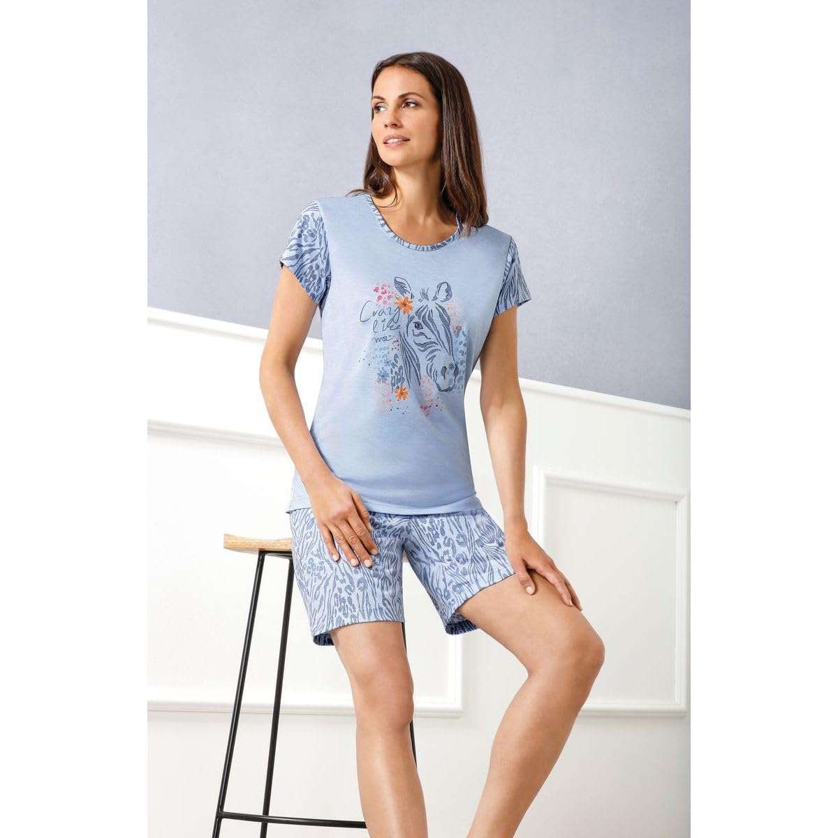 Hajo Damen Schlafanzug Shorty Modal Stretch Hellblau Blumen Zebra Größe 40/42