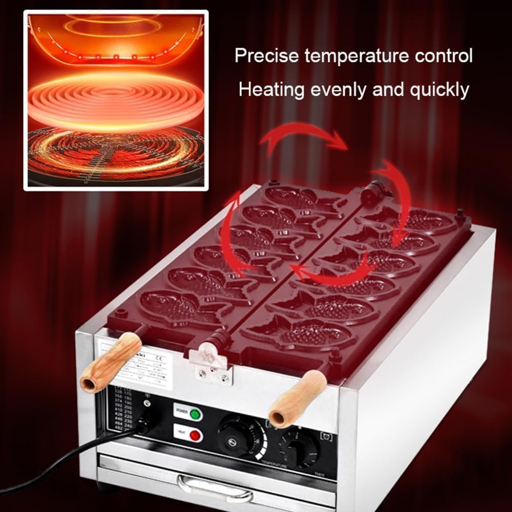Macchina Elettrica Professionale per Taiyaki, Cialdiera 6 Pezzi Antiaderente con Timer e Controllo Temperatura. per Pasticceria, Ristorante, caffè e Casa (110V/220V)