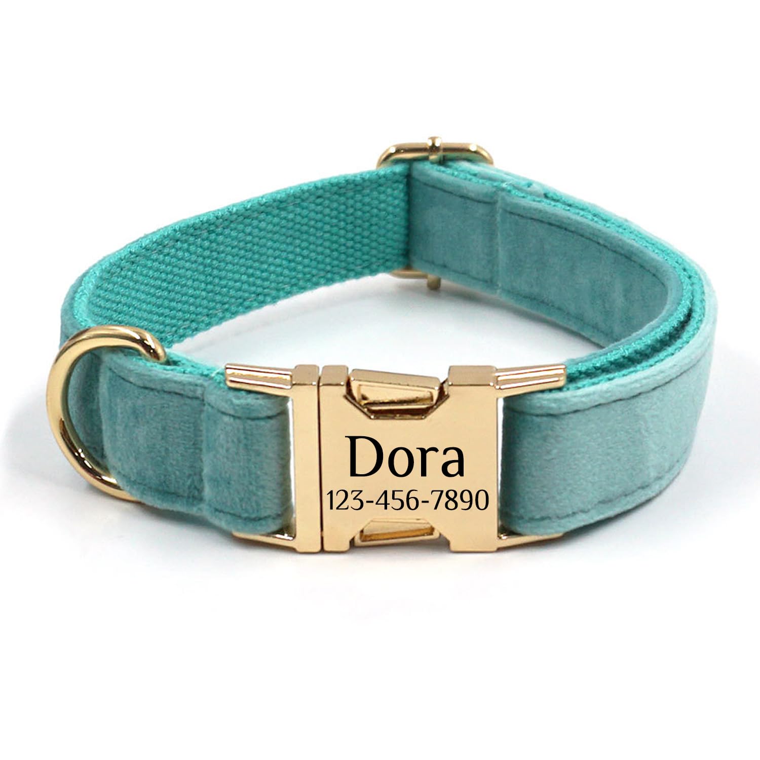 Personalized Soft Dog Collar, Laser Engraved Metal Buckle Dog Tag, Adjustable Through D-Ring, and Colors(Lake Green, M)