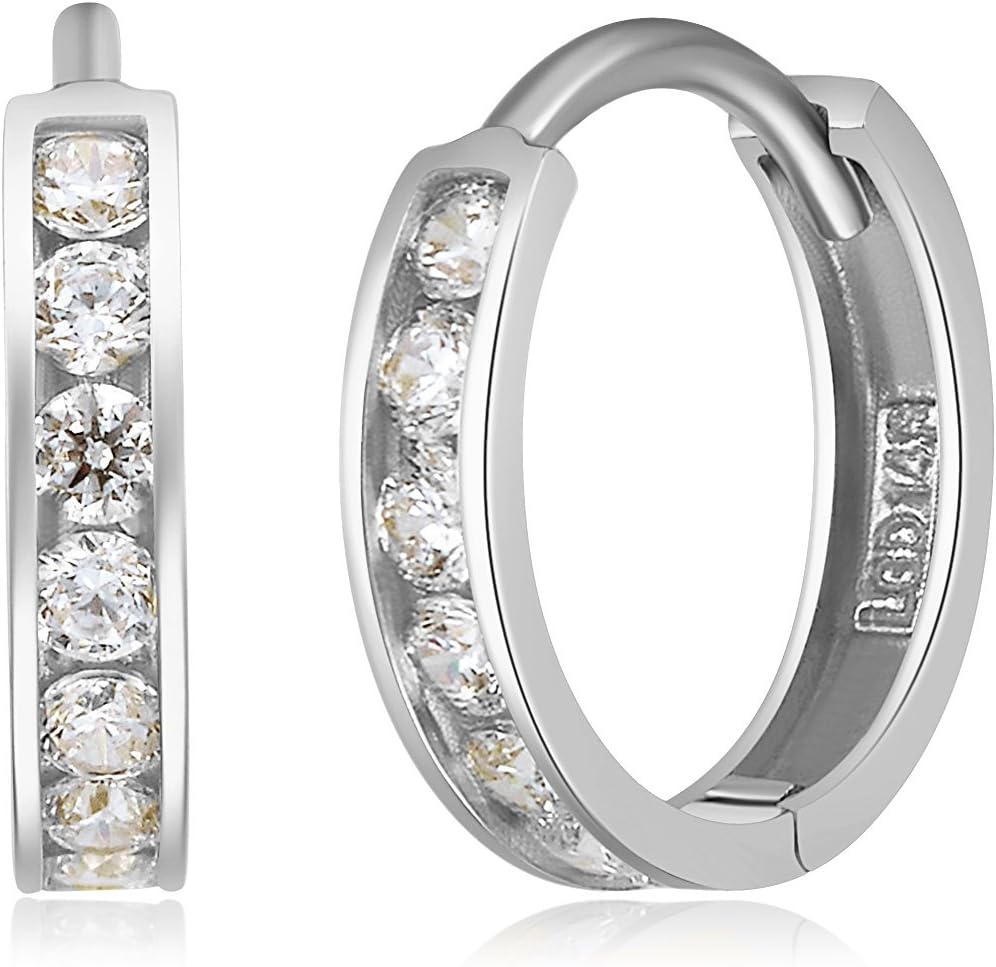 14k REAL Yellow/White Gold 2mm Thickness CZ Channel Set 12mm, 11mm, 10mm Hoop Huggie Earrings