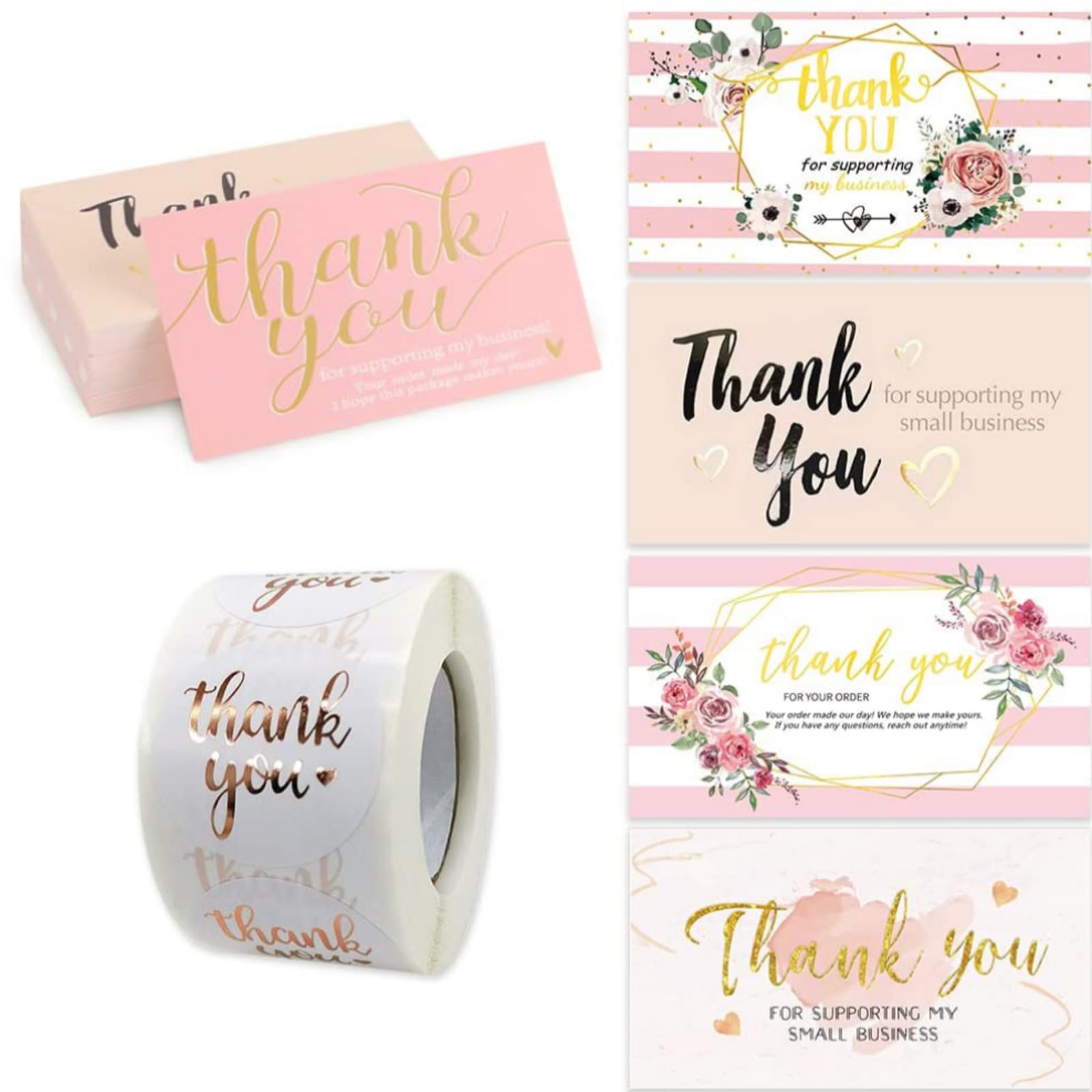 750Pcs Thank You Cards and Stickers Set, Gold Foil Thanks Greeting for Supporting My Small Business, Mini Appreciation Cards for Retail Store, Package Inserts