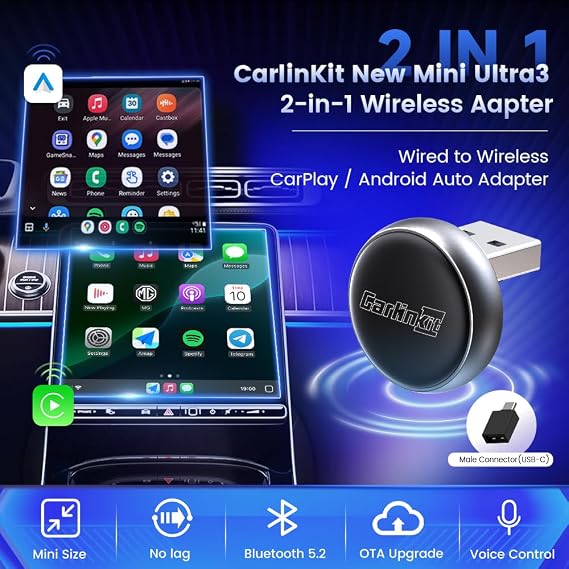 Carlinkit OEM Kablolu Arabalar için Mini Ultra3 Kablosuz CarPlay ve Android Araç Adaptörü - 2.4/5 Ghz WiFi Hızlı Önyükleme, Tak ve Çalıştır, Çevrimiçi Güncelleme, Mini Tasarım iOS 10+/Android 11.0+