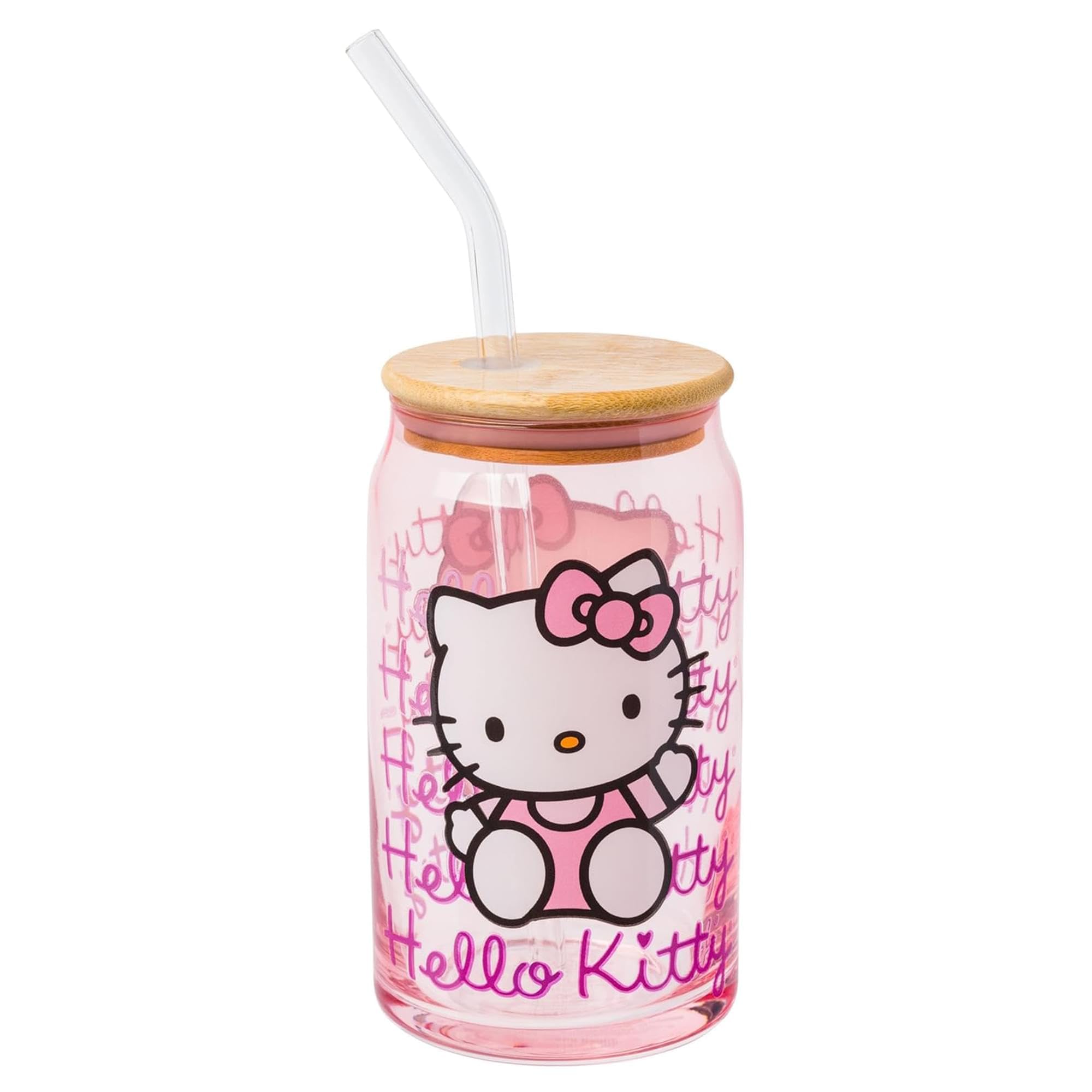 Silver Buffalo Sanrio Hello Kitty Waving Pink Glass Jar Tumbler with Bamboo Lid and Glass Straw, 16 Ounces