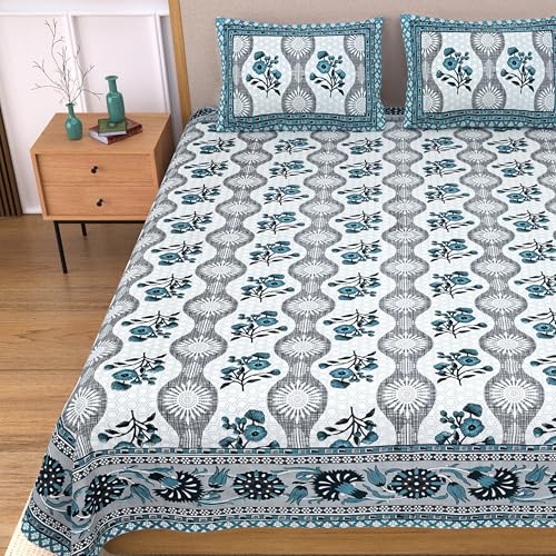 Image of India 100% Pure Cotton Jaipuri Printed Double Bedsheet with 2 Pillow Covers | Traditional Sanganeri Floral Design | Soft Breathable Fabric | King Size Bedsheet for Bedroom (Kaya50)