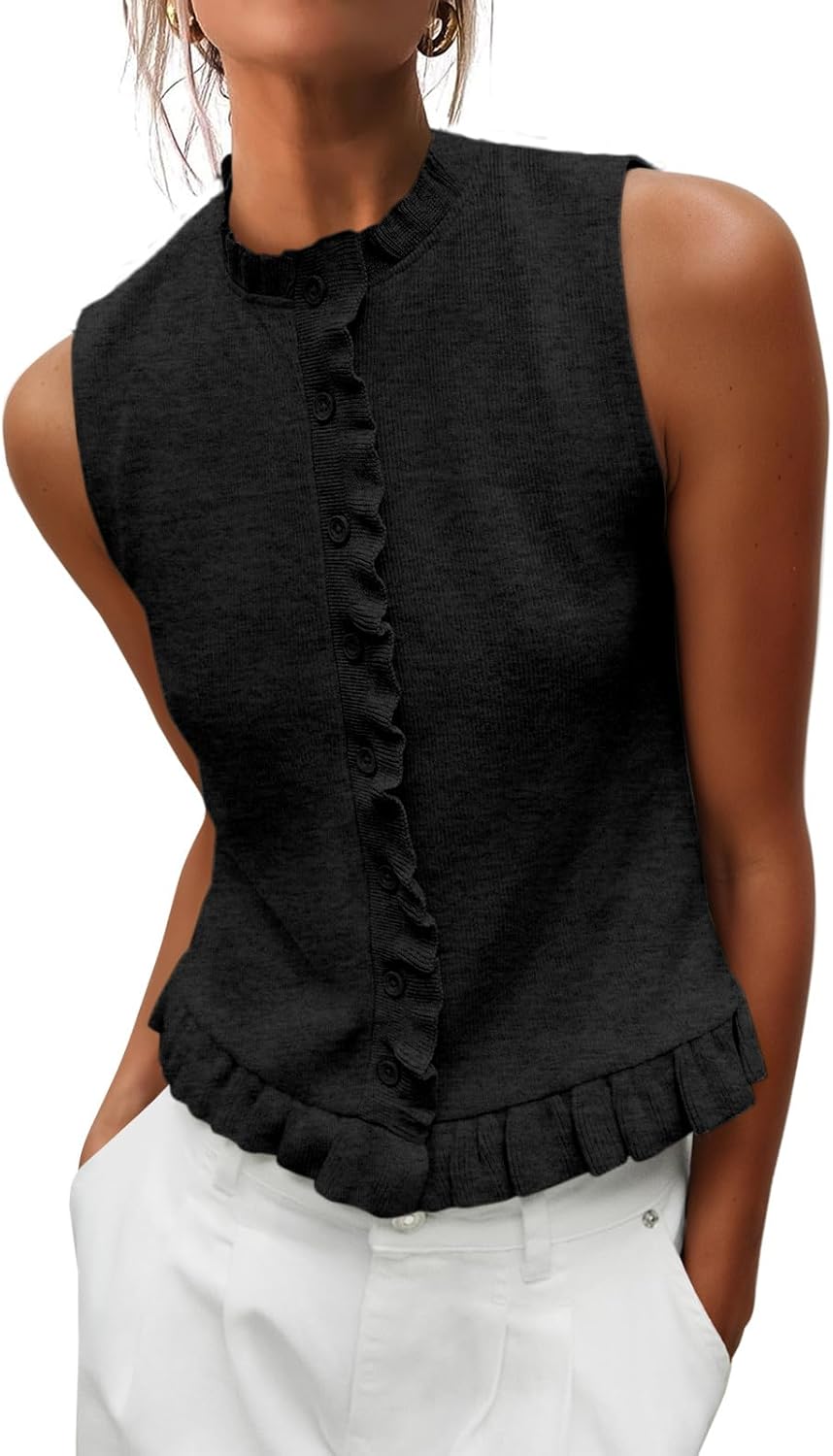 Skoinvb Women's Sleeveless Pleated Cardigan Summer Round Neck Sweater Casual Cute Soft Knitted Top