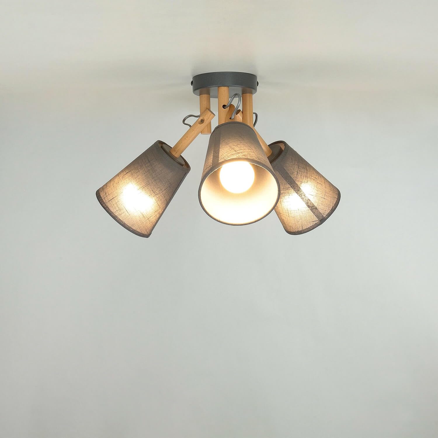 Plafoniera Scandinava 3 Luci In Legno E Tessuto - Faretto Soffitto Moderno Per Interni