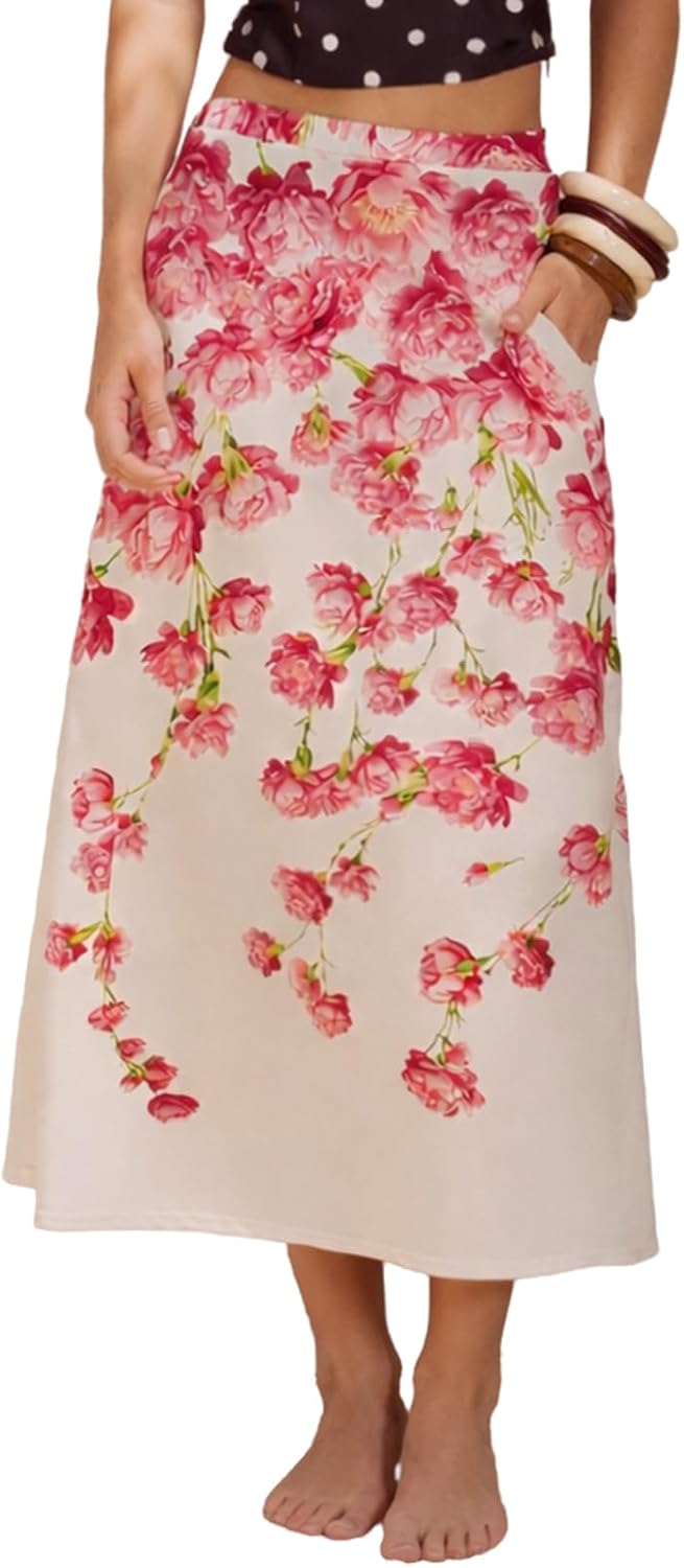 YUNDAI Women’s Floral Print Midi Skirt with Pocket High Waist Flowy A-Line Skirt Casual Summer Vacation Skirt for Daily Wear