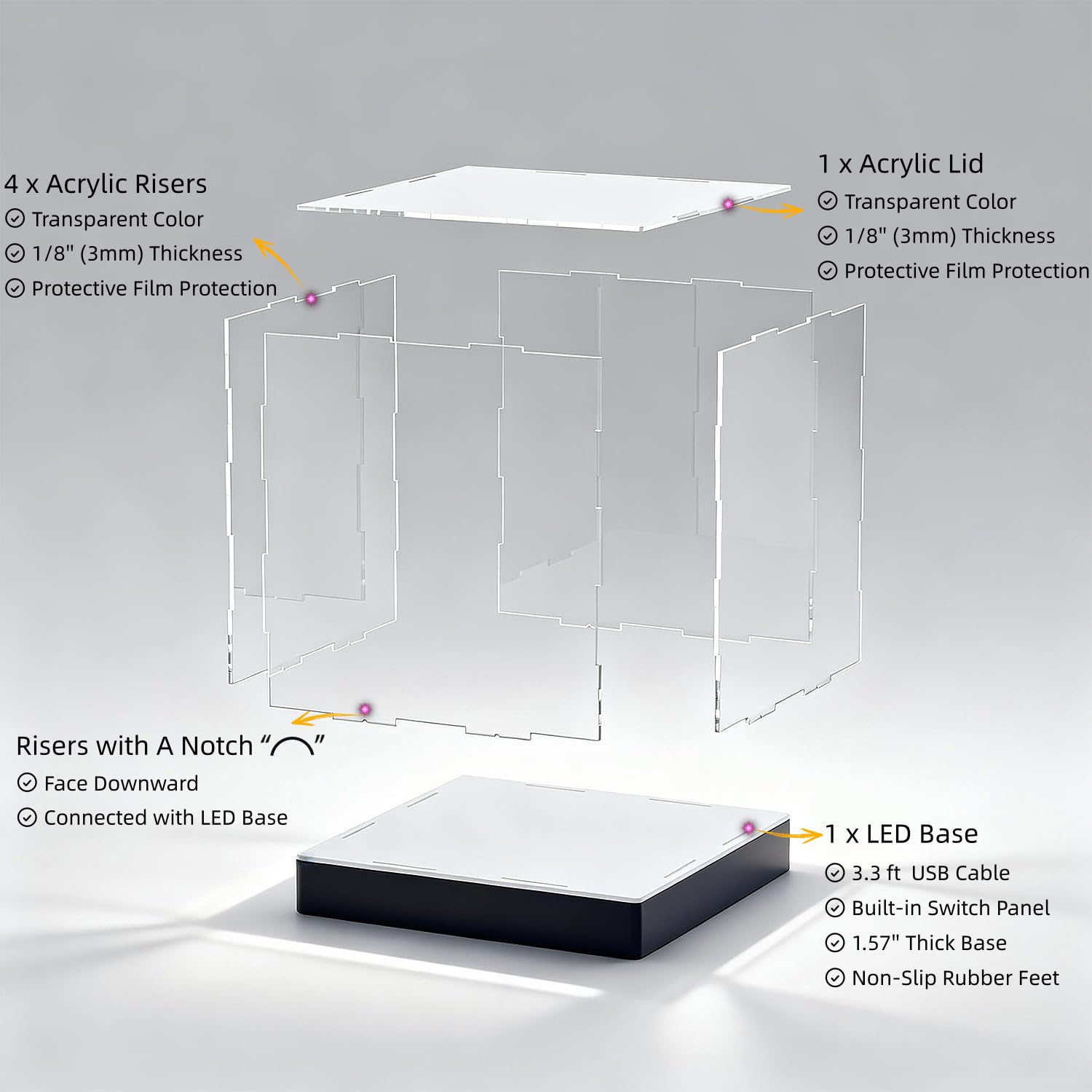 Vetrina luminosa in acrilico con luci LED RGBW, alimentazione USB con pannello interruttori e controllo app, scatola trasparente da collezione per personaggi, bambole, collezionisti e trofei, 20 x 20