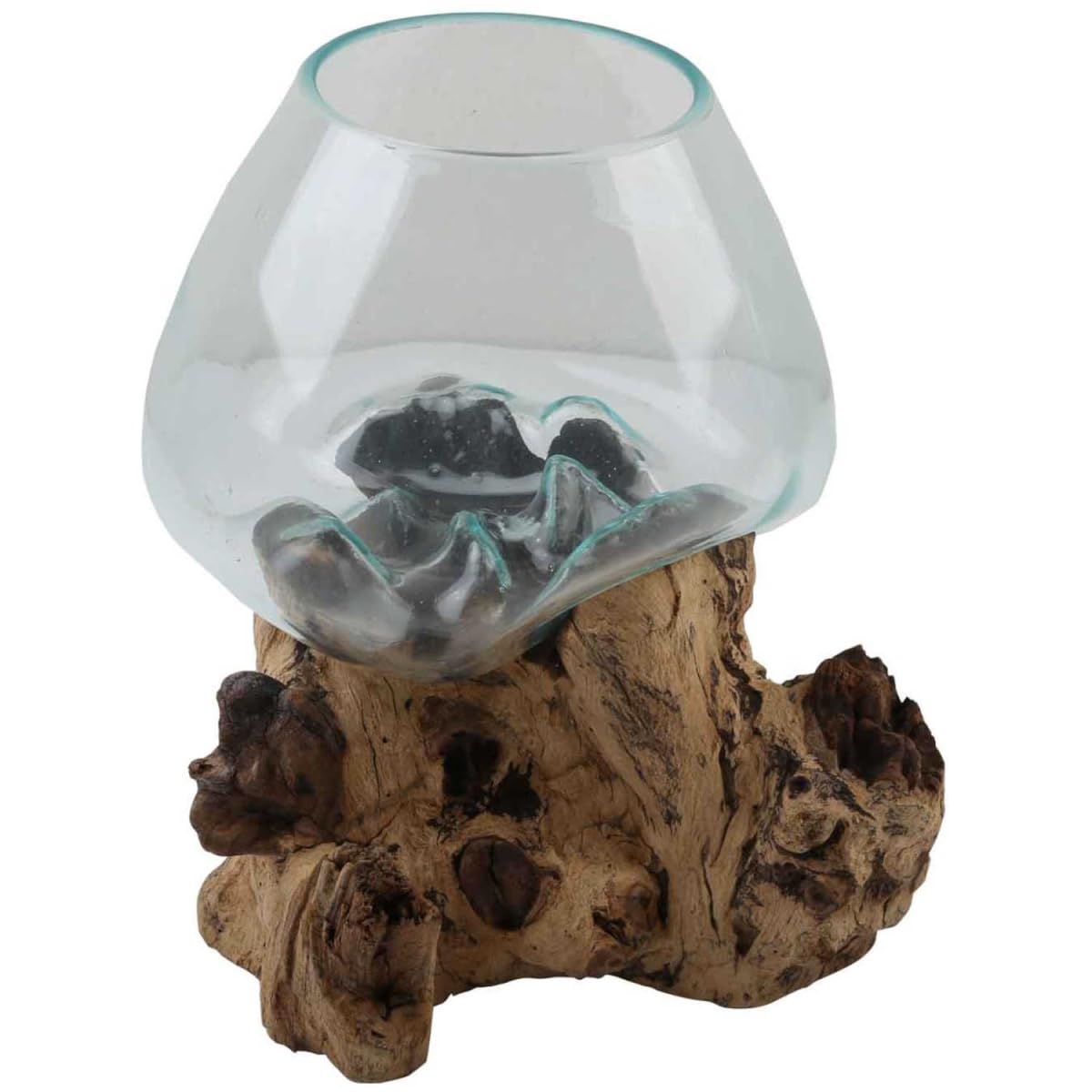 Glasvase auf Wurzelholz Ø 20cm x Höhe 27cm Recycling Glas & Teak Wurzel Holz handgefertigt extravagante Wohndeko Deko-Vase Glasschale Natur-Vase A20 Geschenk-Idee