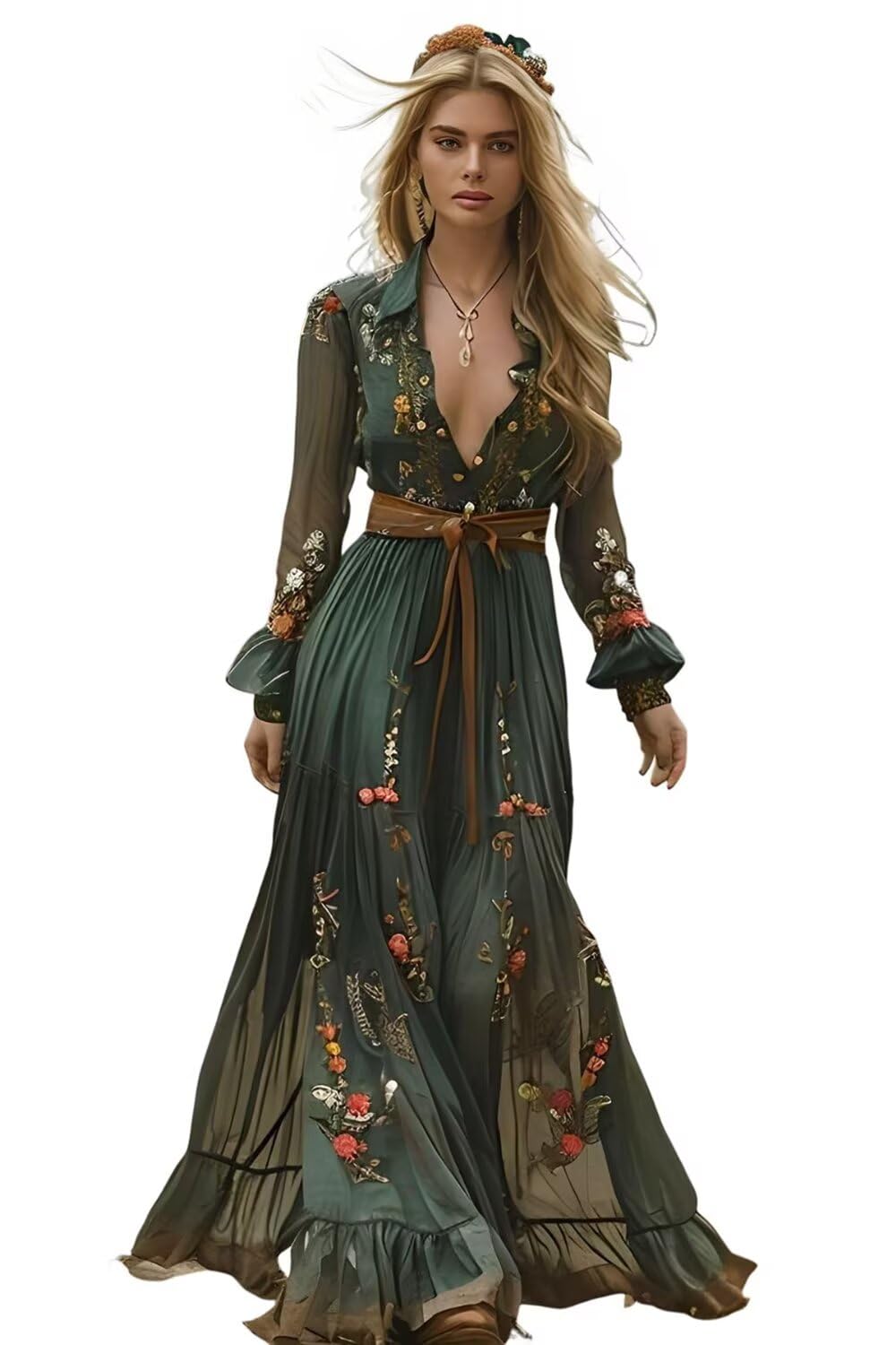 Women's Vintage Pastoral Flower Long Dress Long Sleeve Western Dress Fall Casual Maxi Dresses