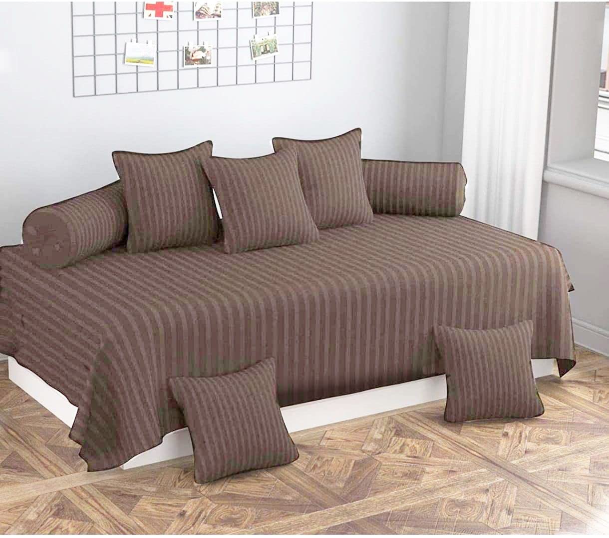 Sky Tex Satin Cotton Stiped Plain Brown Color 150 TC Diwan Set (Set of 8)-image-29
