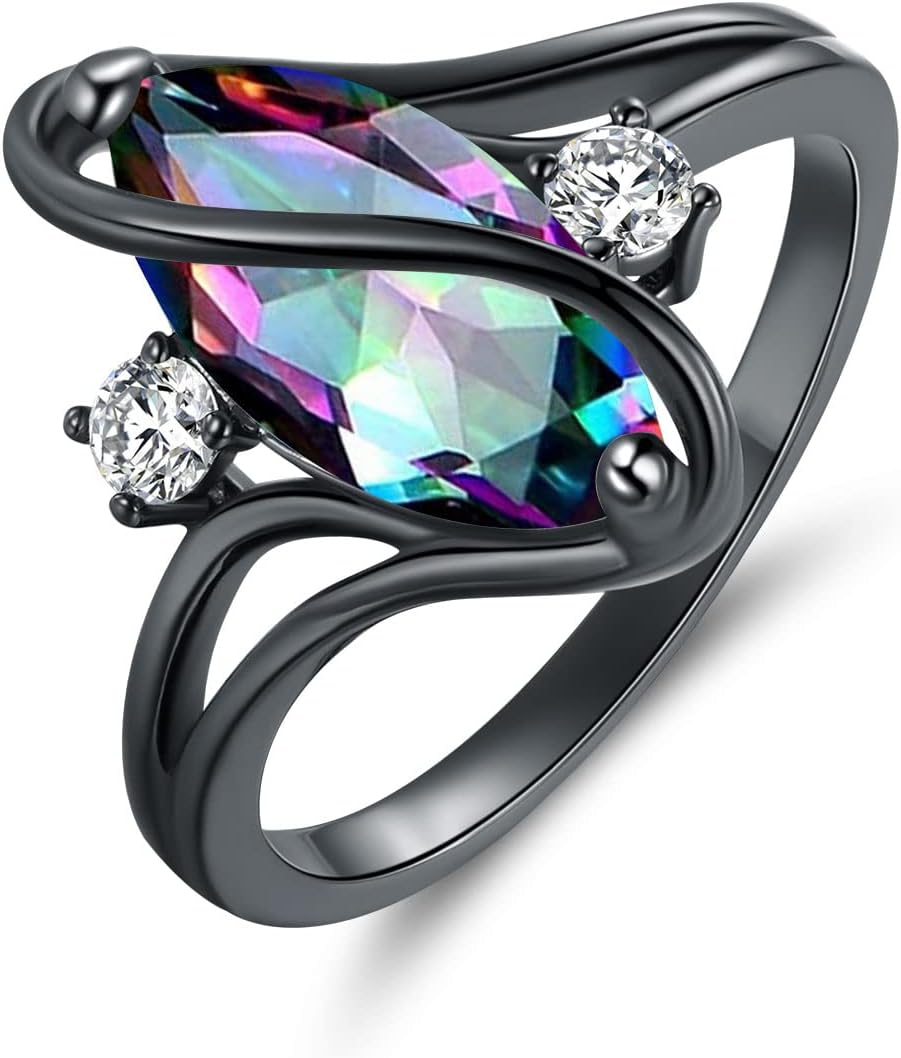Marquise Rings for Women,Black Gold Plated Created Opal/Amethyst/Rainbow CZ Cocktail Promise Eternity Band,Birthday Jewelry Gifts