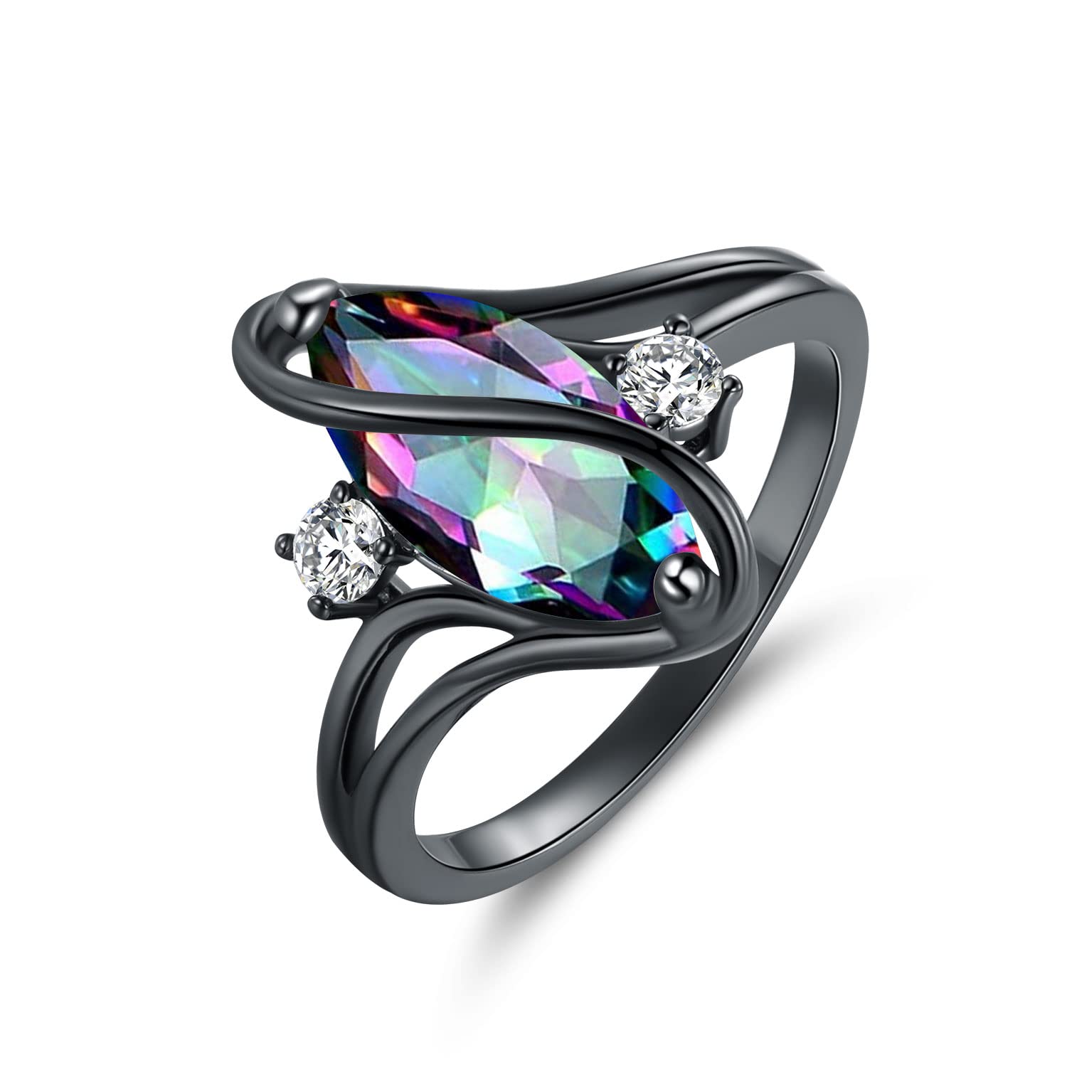 VOLUKA18K Black Gold Plated Rainbow CZ/Opal Marquise Rings for Women Cocktail Promise Eternity Band Party Birthday Gifts Fashion Jewelry