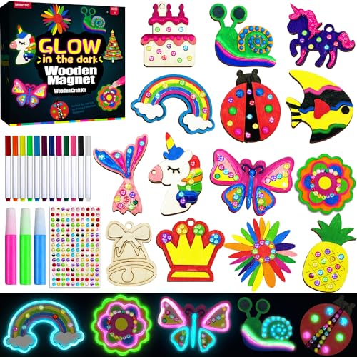 Wooden Magnets Painting Kit - Glow in The Dark - Arts & Crafts Supplies Painting Kit for Kids 4-8 8-12 - Family Crafts and Birthday Christmas Activities, Party Favors for Boys Girls Ages 4 5 6 7 8 9