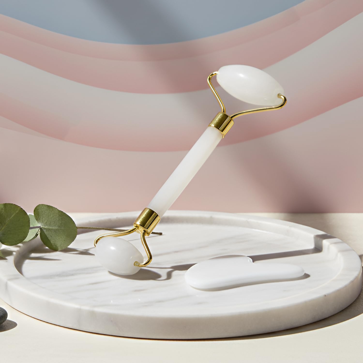 Ladista Clear Quartz Facial Roller & Gua Sha Set 100% Natural Source from Highest Altitude of Himalayan Dual Sided Face Neck Massager Stone Beauty Tool (1 Pc, Shade May Vary)