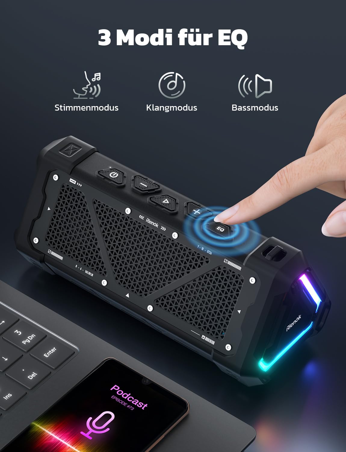 RIENOK S11 Bluetooth Lautsprecher 30W Musikbox mit EQ Modus USB IPX7 Bluetooth Box 24h Akku Tragbarer Lautsprecher mit Licht Bass für Phone Party Outdoor Strand Park Fahhrad