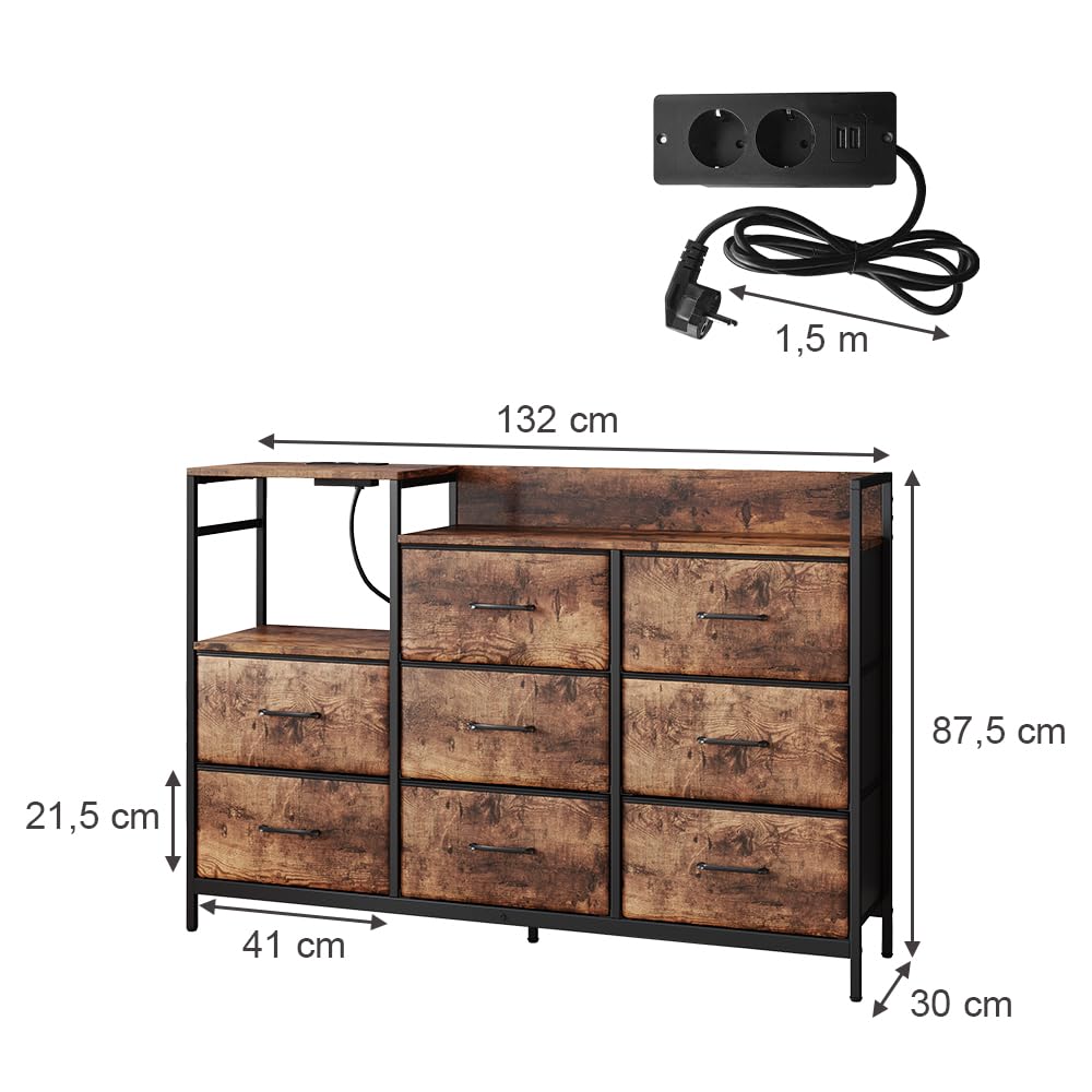 Vicco Sideboard Brian, Chêne, 88x30cm avec 8 tiroirs et USB, pour Le Rangement avec Port de Charge USB intégré