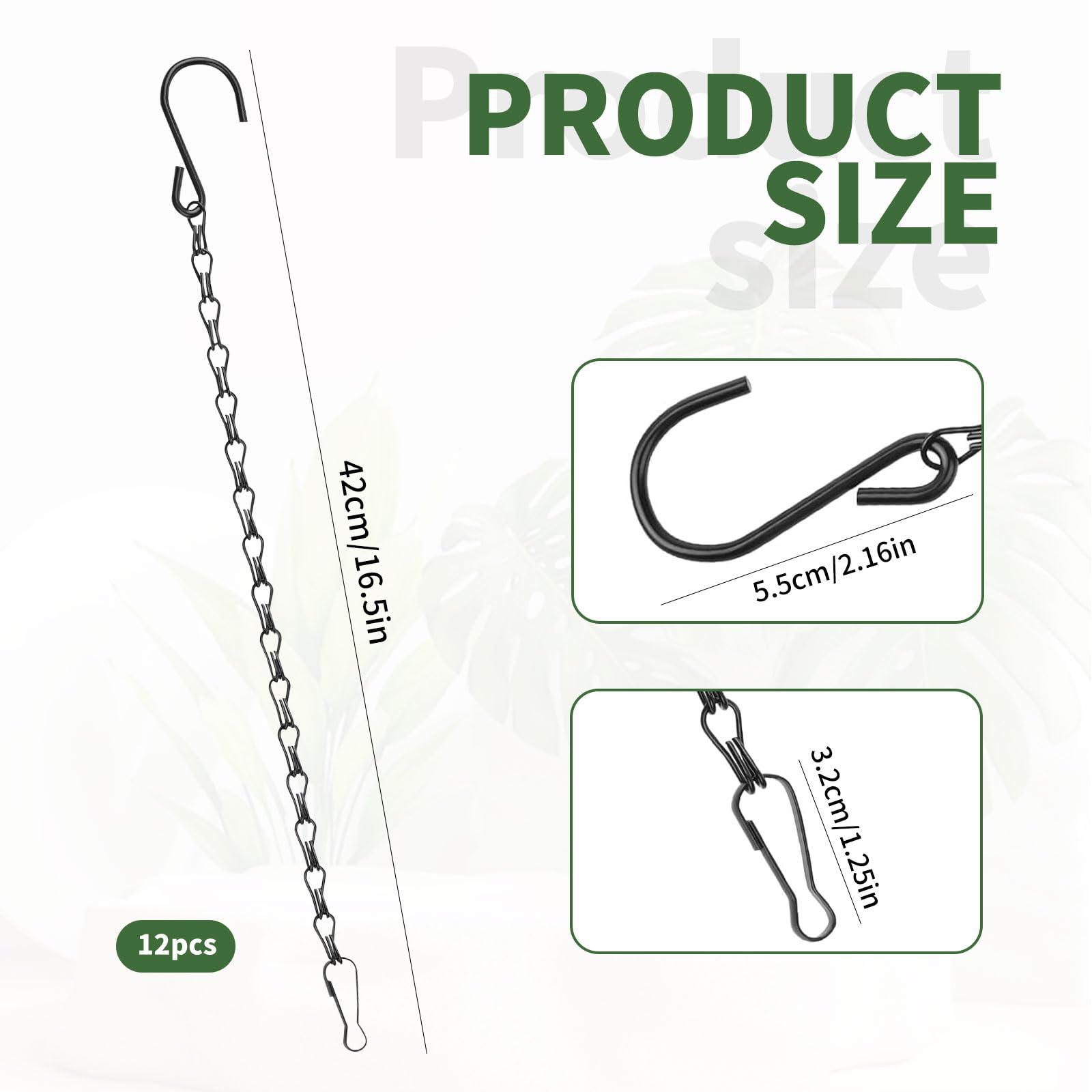 CHENGCKJ 12 sztuk łańcuszków do zawieszenia, 42 cm, czarny, metalowy łańcuch do wiszącego kosza na kwiaty, łańcuch na doniczkę z haczykami, klipsy do domków dla ptaków, dzwonków wietrznych, donic