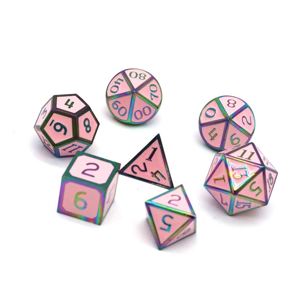 DollaTek 7Pcs Set di Dadi in Metallo Solido DND Gioco di Dadi D&D in Metallo Solido con Custodia e Lega di Zinco con Smalto per Giochi di Ruolo Sotterranei e Draghi(Double Color Mix Red And Green)