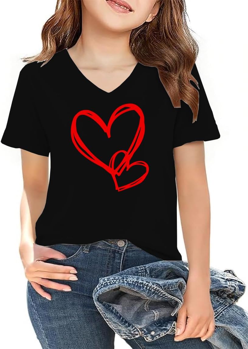 LAZYCHILD Kids Valentine Shirt Girls Valentines Day Shirts Heart Graphic Long Sleeve Striped Tee Tops 5-14 Years