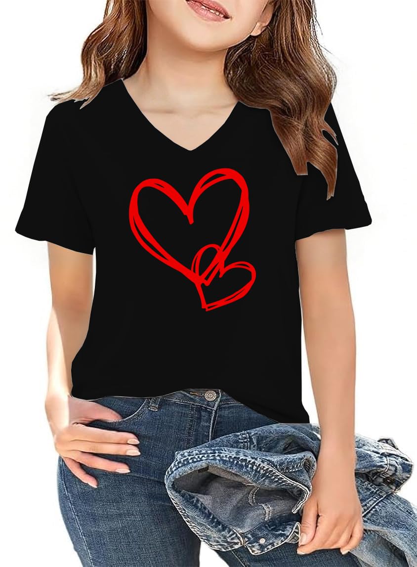 LAZYCHILD Kids Valentine Shirt Girls Valentines Day Shirts Heart Graphic Long Sleeve Striped Tee Tops 5-14 Years
