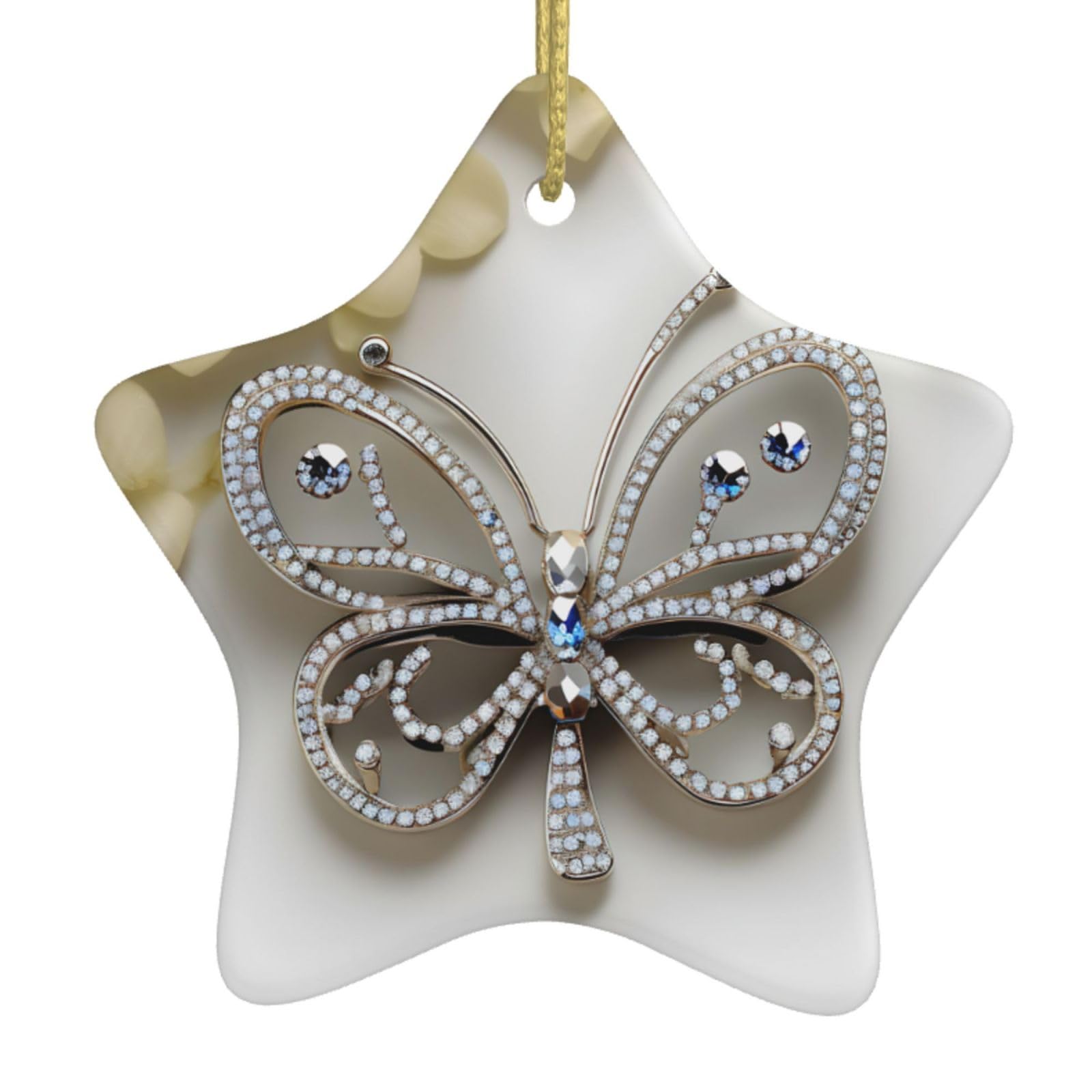 Rhinestone Butterfly And Flower Print Christmas Ornaments, Ceramic Hanging Ornament, Round Shape Decorations