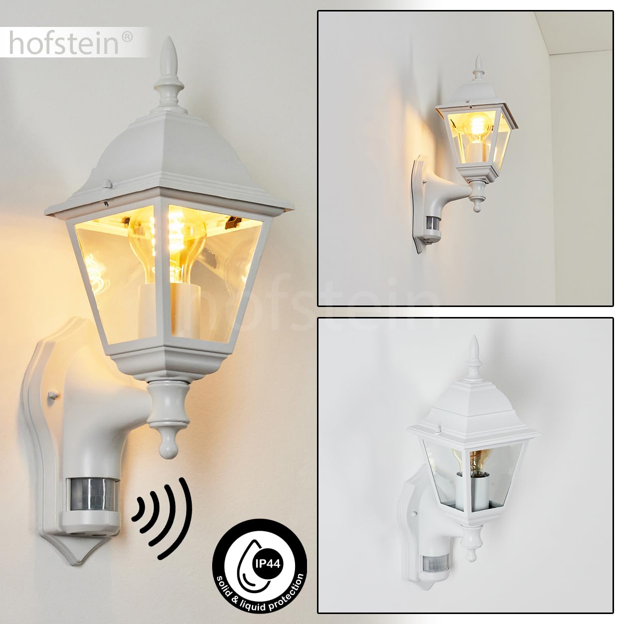 Zewnętrzna lampa ścienna Naofe, lampa ścienna z czujnikiem ruchu wykonana z metalu/szkła w kolorze białym/przezroczystym, lampa ścienna, lampa zewnętrzna na taras, E27, bez żarówki